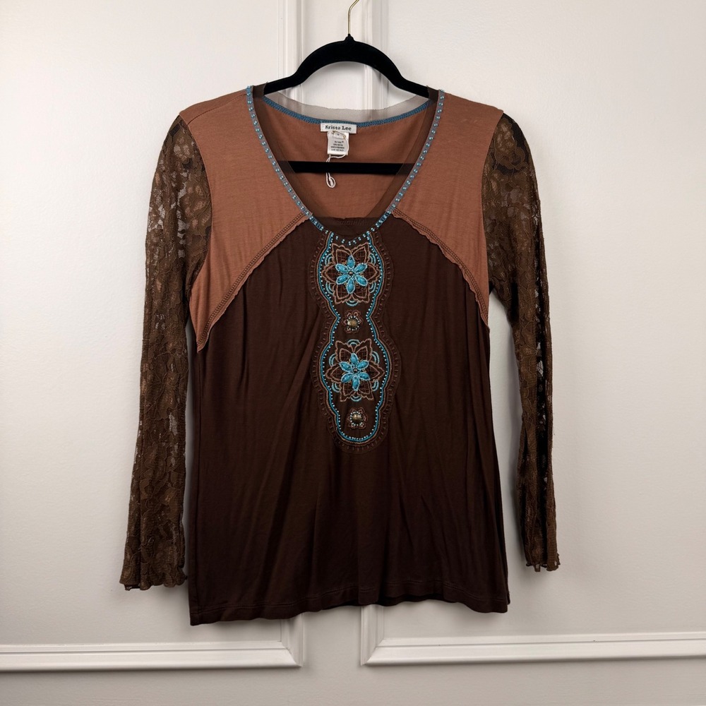 Krista Lee Womens Brown Lace Sleeve Embroidered Beaded Boho Top Size S Rayon